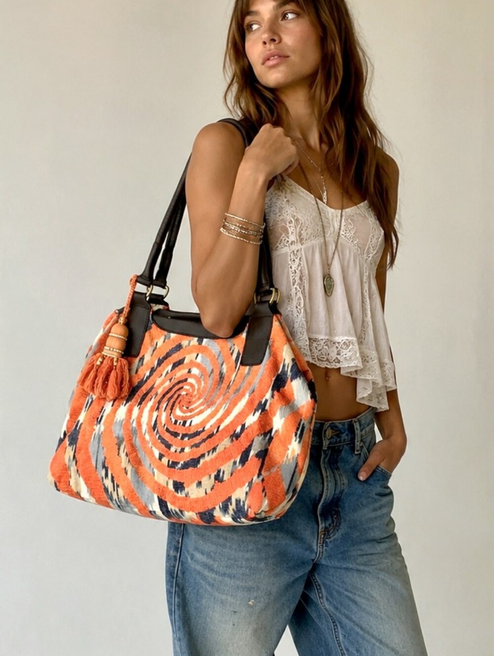 Tote Krickette Embroidered Travel Bag Over Ikat Fabric Leather Detail